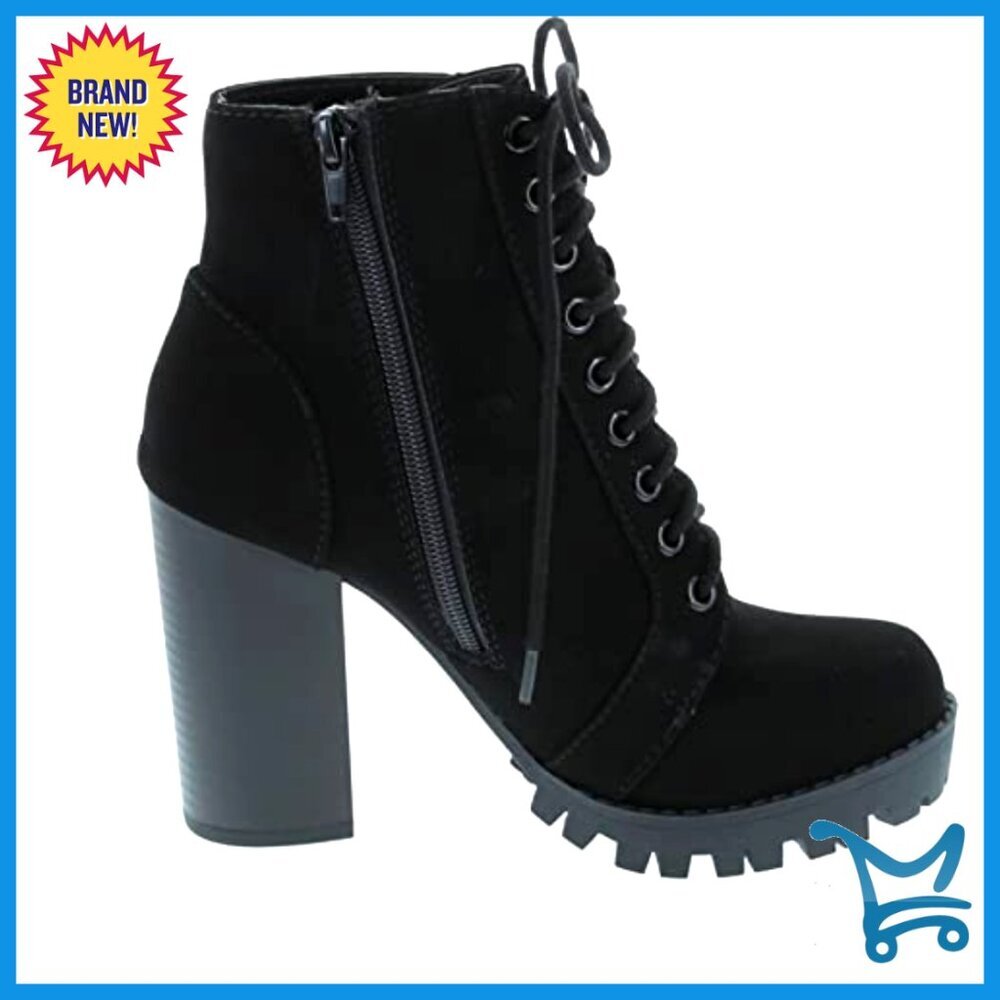 Lace Up Ankle Boots with Stacked Heel and Side Zipper - Picture 6 of 7